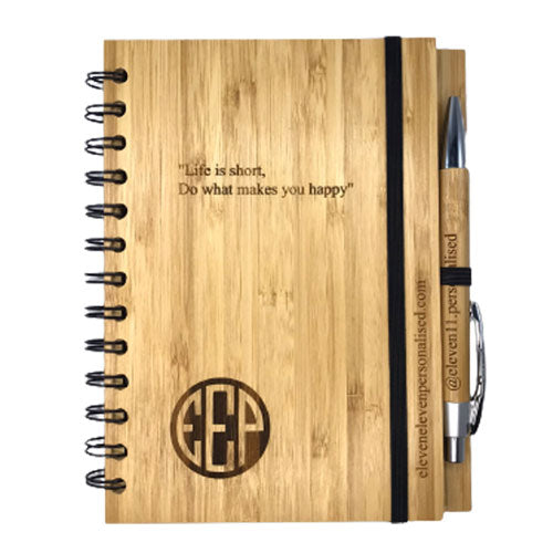 personalised notebook and pen made of bamboo