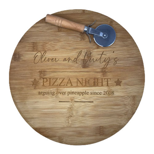 personalised bamboo pizza board and cutter