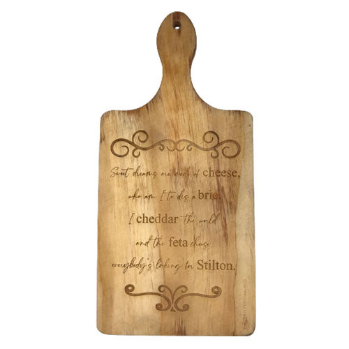engraved wood serving board for cheese with a cheese poem
