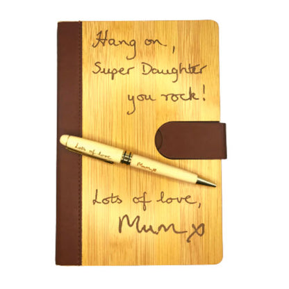 a personalised engraved gift of handwriting on a bamboo notebook and optional pen