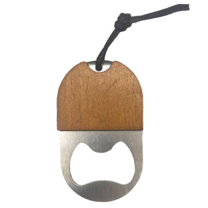 a small wooden bottle opener keyring