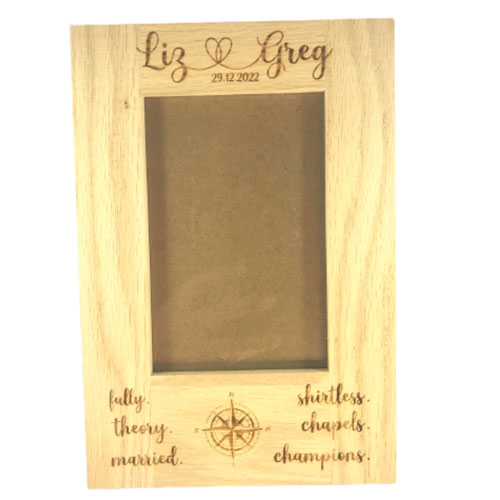 laser engraved personalised wooden picture frame in oak for a geocaching wedding gift