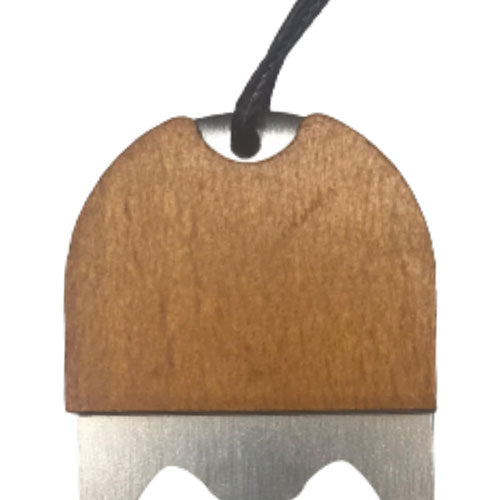 close up of a small wooden bottle opener keyring