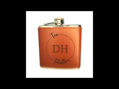 video showing how we engrave a personalised leather hip flask for a golf enthusiast