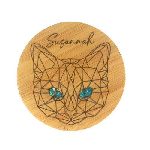 personalised name on a laser engraved cat mandala mirror with abalone shells for eyes