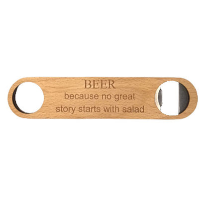 personalised wooden bottle opener with engraved beer slogan