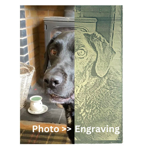 side by side view of the customer photo and the finished engraving on slate of their pet dog