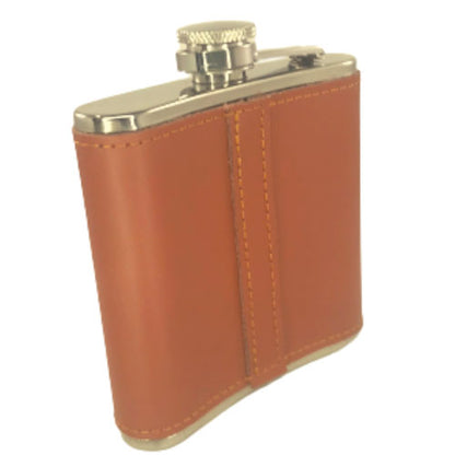 back view of an engraved leather hip flask