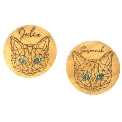 two examples of the cat mandala with personalised name engraved on our bamboo mirrors